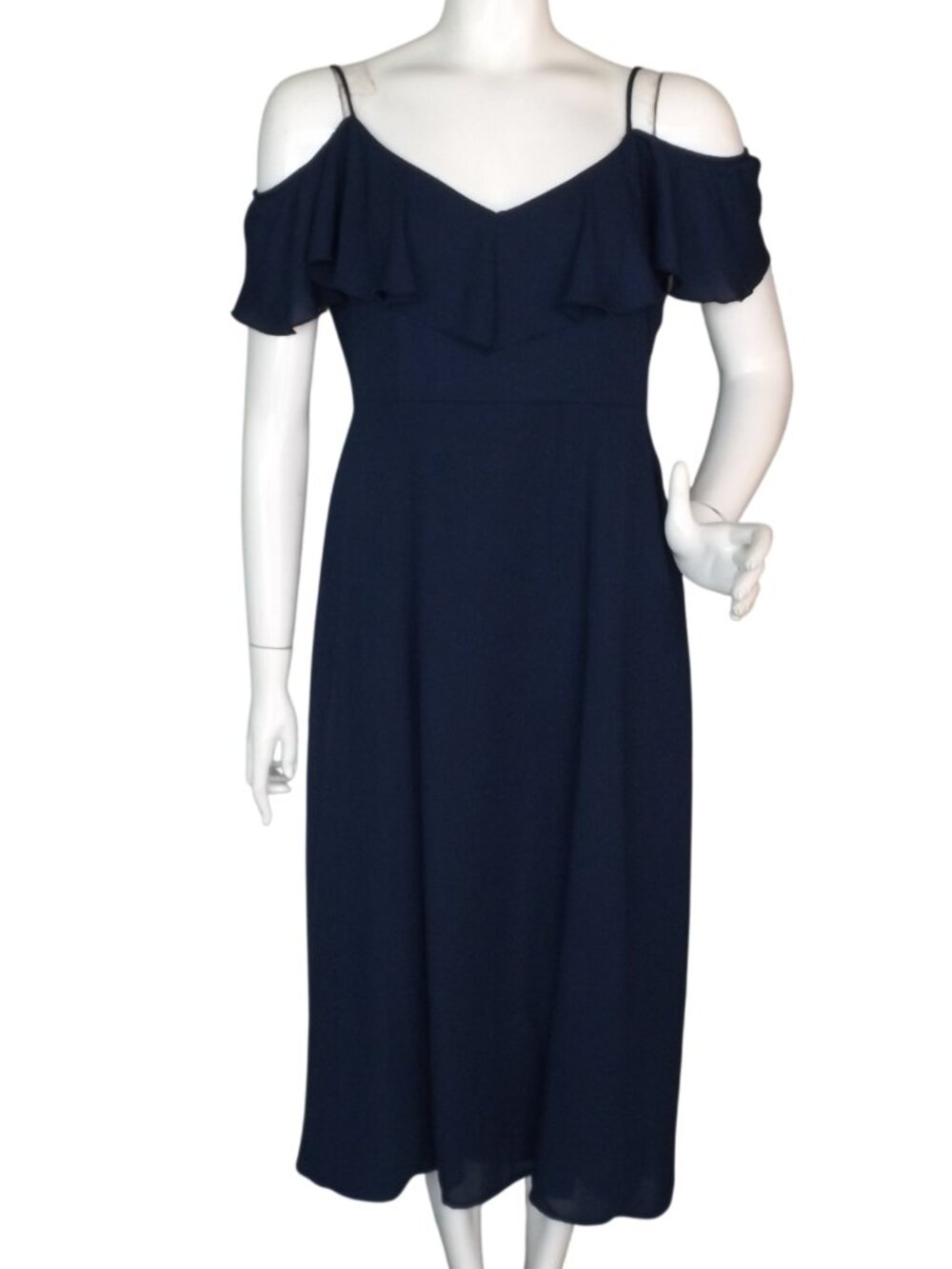 SHOW ME YOUR MUMU Midi Dress, L, Navy Blue, Spag Straps, Ruffle Off-shoulder